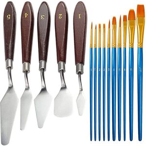 Paletmes Schilder - Zinaps 5 stuk paletmes set met 10 stuks schilderij borstel, roestvrijstalen spatel olie verf metalen schilderij mes houten handvat en nylon haarborstels voor kunstenaars beginners (WK 02128)