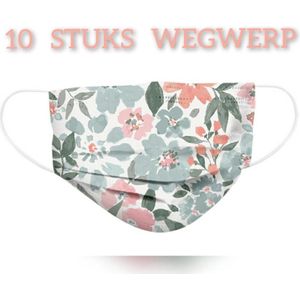 Bloemen wegwerp mondmaskers - Grijs / Roze - per 10 stuks