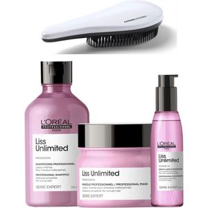 L`Oreal Professionel - Liss Unlimited Pakket - Shampoo + Masker + Olie + KG Ontwarborstel - 300 + 250 + 125ML - Serie Expert Giftset - Pluizig Haar Pakket