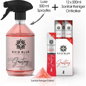 EvieBlue Badkamerreiniger Floral - Try Me pakket 6 liter (12 x 500ml) - Voor een blinkende badkamer - 12 universele ECO doseringen plus herbruikbare fles (bottle for life) - 100% plasticvrij verpakte navullingen.