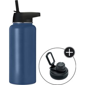 Bidon - Navy Blue - 1 Liter - Extra Dop Met Rietje & Drinktuit - Bidon Met Rietje - Isoleerfles - BPA vrij - Lekvrij - Bidon 1 liter