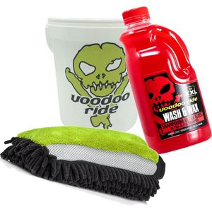VooDoo Ride Wash en Wax pakket bestaande uit; 1 Emmer 10 Ltr met deksel, 1 x Wash & Wax XXL 2 ltr, 1 x Washmitt driezijdig gebruik.