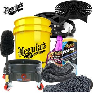 Meguiars 8 delige Carcare set met Grit Guard trolly, Emmer, Grit, Gamma Seal, Velgenborstel, Hot Rims Wheel Cleaner, Wash Plus Shampoo, Wash Mitt, Microfiber droogdoek 40x40 cm. 1400 gsm
