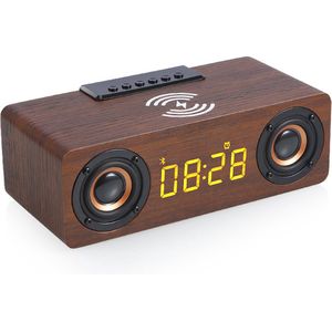 K1 Multifunction Wekker - Digitale Wekker-Luxe Houten Wekker Met Draadloze Oplader - Dubbele voeding USB en Batterij-Digitale houten wekker -draadloze oplader-Digitale klok-wekker met bluetooth speaker-Kinderwekker-Digitale Wekker - LED klok