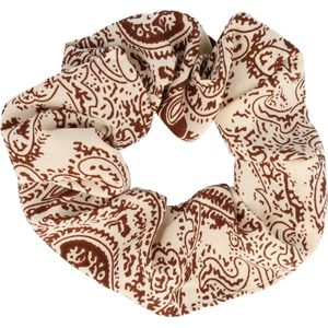 Haarsoires Haarelastiek Scrunchie – Paisleyprint – Gladde Stof – Beige Donkerbruin - Haarkrinkel - Haar Elastiek met Stof - Zacht & Haarvriendelijk