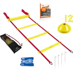 Loopladder fitness training set  -  6 meter speedladder/agility ladder + 12 pionnen/training cones + springtouw + 4 haringen + draagtas