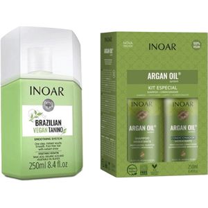 Inoar Tanino Brazilian Vegan Lissage BRÉSILIEN sans formadéhyde & Inoar Argan Oil Keratine Treatment Keratin Shampoo & Conditioner 2x250ml