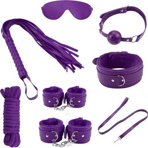 BDSM - Starters kit - Bondage set - Handboeien - Oogmasker - Enkelboeien - Gagball - Zweep - Hogtie - Paars