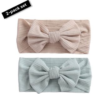 2 pack set Hannah - Brede zachte strik haarband baby mint beige - meisje haaraccessoires - 0-3 jaar