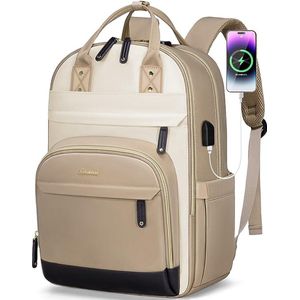 Rugzak voor dames, laptoprugzak, 15,6 inch, schoolrugzak, meisjes, tieners, waterdicht, schooltas, jongens, anti-diefstal, rugzak met laptopvak, voor school, reizen, zakelijk, leraar - Beige