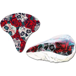 Zadelhoes - Waterdichte zadelhoes - Roses and skulls- Fietszadelhoes - Zadeldek - Regenhoes - Cover voor zadel tegen regen - Zadelhoesbescherming - Regenhoes voor zadel - Fietsaccessoires - Regenjas Fiets – Stretch – Gerecycled PVC-Seatcover – PVC