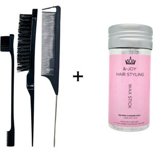 &-Joy Hairstyling - Wax Stick + Kammen en Borstel - 75gr - Sterke Hold - Anti Pluis - Tegen Babyhaartjes