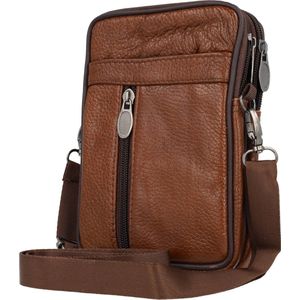 Telefoontas Dubbele Rits Leder Heren Cognac Bruin Mannen Tasje Crossbody Leer Leather Brown Riemlus