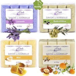 Marseille glycerine zeep | Olijf - Lavendel - Honing - Argan Sinaasappelbloesem 16x100g | La Cigale