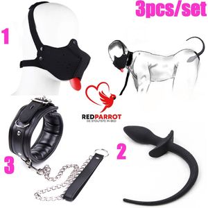 Luxe 3-delige BDSM Doggy set | Masker | Halsband | Ketting | Buttplug | Fetish slaaf | Dieren fetisj | SM