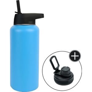 Thermosfles - Aqua Blue - 1 liter - Extra Dop Met Rietje & Drinktuit - Thermosflessen - Isoleerfles - BPA vrij - Lekvrij - Isoleerfles 1 liter - Thermoskan - Isoleerbeker - Thermosbeker