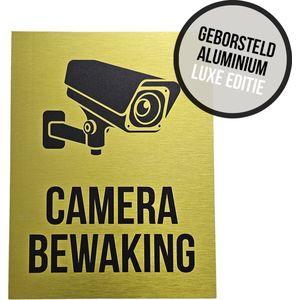 Pictogram/ bord geborsteld aluminium | ""Camerabewaking"" | 19 x 25 cm | Luxe uitvoering | CCTV | Beveiliging | Camera bewaking | Videobewaking | Diefstal verhinderen | Preventie | Opvallend | Geel | Dikte: 3 mm | 1 stuk