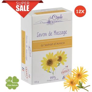 Arnica Massagezeep 12 x 125g | met exfoliërende olijfsteenpoeder | 99% ingrediënten van natuurlijke oorsprong | La Cigale