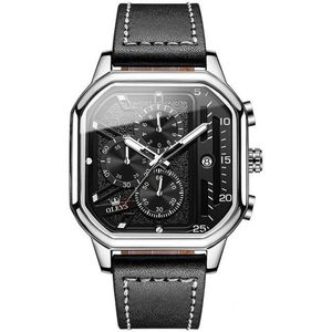 Olevs - Heren Horloge - Lederen Band - Polshorloge - Heren - Cadeau - Horloge - Geschenkdoos - Mannen - Zilver & Zwart- Polsband Zwart