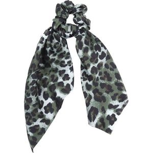 Haarsoires Haarelastiek Scrunchie – Panterprint – 25cm Linten – Gladde Stof – Groen Bruin Zwart - Haarkrinkel - Haar Elastiek met Stof - Zacht & Haarvriendelijk