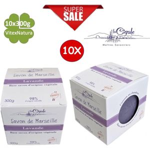 Savon De Marseille zeep 10x300g glycerine en provinciaalse LAVENDEL origineel Frans zeepblok CUBE La Cigale