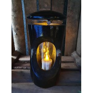 Lantaren Graniet - Zweeds zwart - LRS - Glas - RVS sluiting - Grafdecoratie - Windlicht - Inclusief LED kaars (1200 branduren)