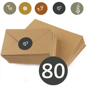 80x Bruine Kraft Enveloppen + Sluitstickers - C6 Formaat - Natuur - Duurzame Keuze - 100% gerecycled Kraft papier - A6 Envelop - ECO
