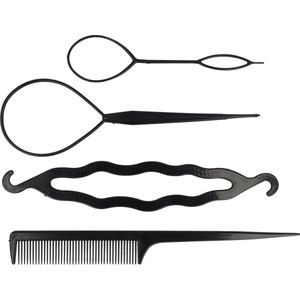 Haarsoires Styling Tool Set – Kunststof – Topsy Tails, Knotrolband, Puntkam – Zwart – Set van 4 - Haarstyling - Voor Vlechten, Knopen & Hair Loops - Vlechten, Twists & Kapsels