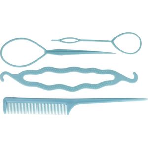 Haarsoires Styling Tool Set – Kunststof – Topsy Tails, Knotrolband, Puntkam – Blauw – Set van 4 - Haarstyling - Voor Vlechten, Knopen & Hair Loops - Vlechten, Twists & Kapsels