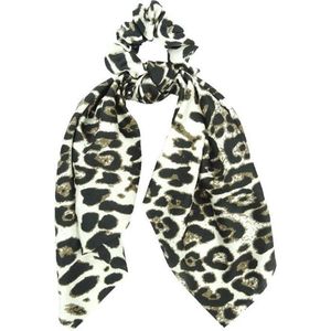 Haarsoires Haarelastiek Scrunchie – Panterprint – 25cm Linten – Gladde Stof – Beige Bruin Zwart - Haarkrinkel - Haar Elastiek met Stof - Zacht & Haarvriendelijk