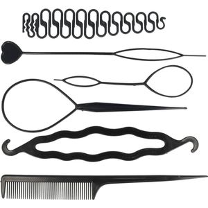 Haarsoires Styling Tool Set – Kunststof – Easy Knot, Topsy Tails, Puntkam, Vlechthulp, Kralenrijger – Zwart – Set van 6