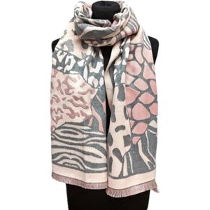 Lange Warme Sjaal - 2-Zijdig - Panter/Zebraprint - Roze/Grijs - 195 x 65 cm (232-7#)