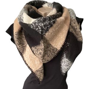 Warme Driehoekige Sjaal - Geruit - Zwart/Khaki - 195 x 90 cm (01693#)