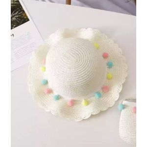 Fiory Strohoed| Zonnehoedje voor Baby/kinderen| Zomerhoedje gebroken wit met gekleurde bolletjes | Baby Strohoed| tm 7 jaar |Verstelbaar| Ademend| Uv bescherming| Gebroken Wit