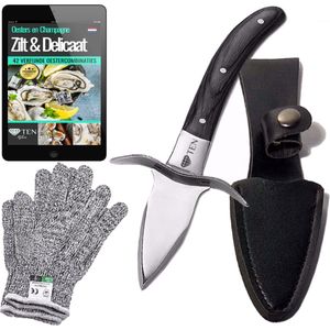 TEN® Signature Oestermes + Oesterhandschoenen - LEVENSLANGE GARANTIE + 124 Oesterrecepten eBook Kookboek - Oyster Knife - Oestermes Set - Zwart