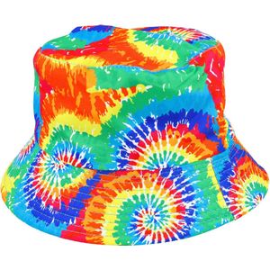 Bucket Hat Omkeerbaar Tie Dye Regenboog Color Festival Vissers Hoedje Print Patroon Blauw Groen Geel Oranje