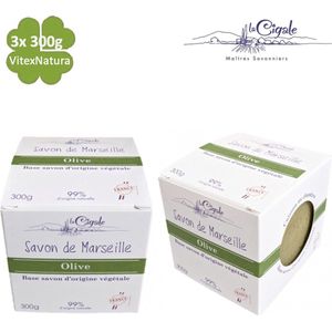 Savon De Marseille zeep 3x300g glycerine en OLIJF OLIE origineel Frans zeepblok CUBE La Cigale