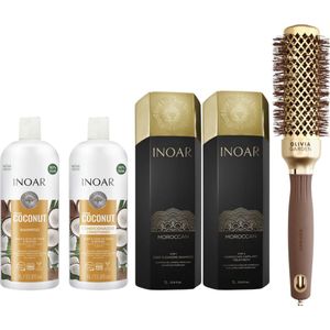 Inoar Moroccan 2x1000 ml & Inoar Coconut Shampoo & Conditioner 1000ml & Borstel Ceramic+ion Nano Thermic Olivia Garden