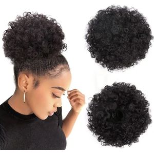 Korte Kinky Krullend Afro Pony Haar|Clips In Hair Extensions| Haarstukje Synthetische Trekkoord Paardenstaart|zwart