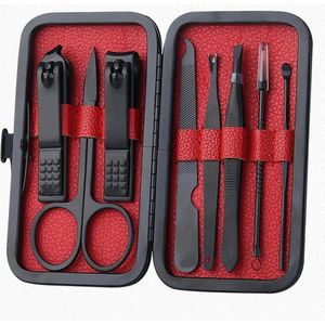 Pedicureset/Manicureset - 8-delige Nagelverzorging set - Reisset - RVS - Hardcase - Zwart/Rood