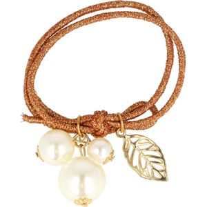 Haarsoires Haarelastiek – Parelkralen – Metalen Bladbedel - Bruin Wit Goud