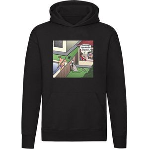 Vrouw gluurt naar buurman via de Hond Hoodie - Camera - Zwembad - Unisex Trui