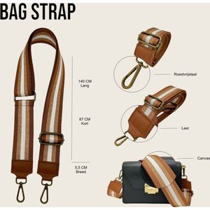 Bag strap- Bagsstrap - Dames Tas - Schouderband - Tassenriem - Verstelbaar - Tassenhengsel - Tassen Band - 140 cm lang - 5,5 cm breed - Canvas - Roestvrijstaal - Leer - Bruin/ Goud