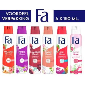 Fa Deodorant 6 x 150 ml - Voordeelverpakking - Try Out Pakket - Paradise Moments, Purple Passion, Glamorous Moments, Divine, Fiji & Sweet Rose