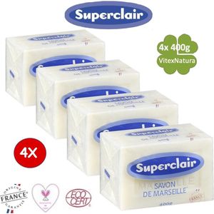 Superclair echte ruwe Marseille zeep | wit 4 x 400G | ongeparfumeerd, hypoallergeen, biologisch afbreekbaar