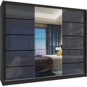 Kledingkast glans 235 cm  met spiegel  lades Zwart Antraciet  Glans
