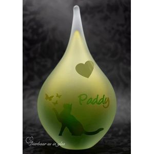 Urn van glas met naam en afbeelding poes met vlinders-Druppel Medium urn 180ml-Urn crematie as POES-Urn-crematie as KAT-Urn-Dieren Urn- Urn huisdier-Gedenksteen-Kristalglas-Zandstralen-Urn voor Crematie as-Gepersonaliseerde Urn-Crematieas urn