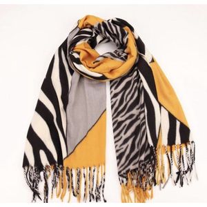 Sjaal warm met zebraprint herfst/winter geel/grijs/zwart/wit