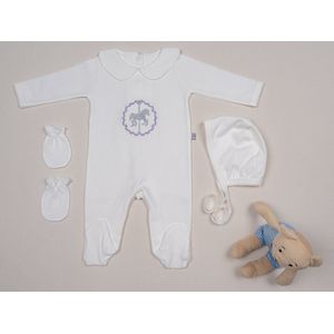 Enek- Newborn-100% biologisch katoen met GOTS certificaat-Baby Kleding Jongens-Baby Kleding Meisje-Baby Cadeau-Kraam Cadeau-Romper Set- Babyshower Cadeau Set-4 Delig Met Handschoentjes en Mutsje- wit-grijs-lila-Hand geborduurd-0-3 Maanden