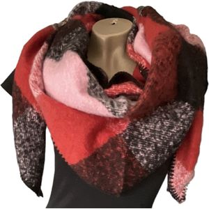 Warme Driehoekige Sjaal - Geruit - Rood/Roze - 195 x 90 cm (016911#)